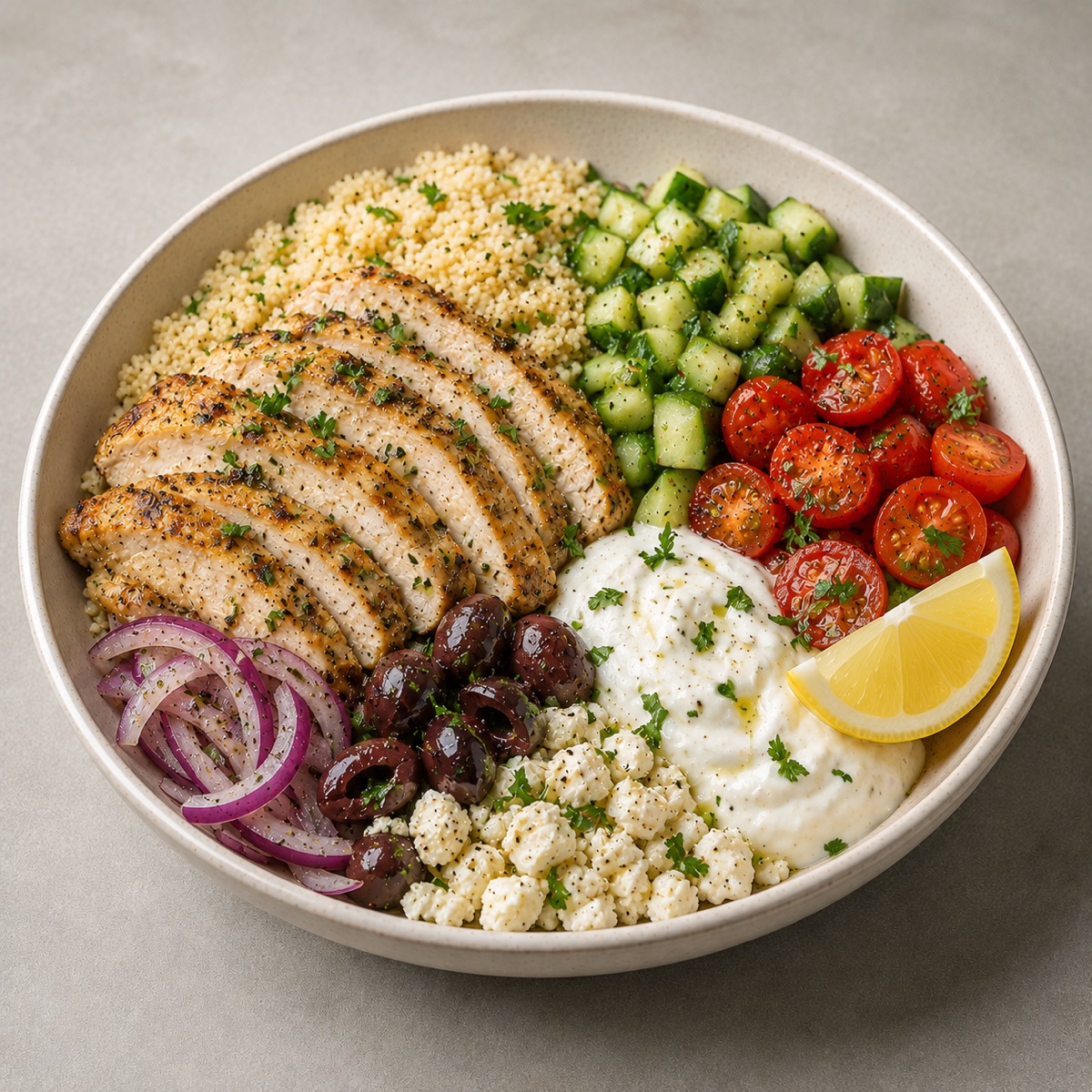 A prepared Greek chicken bowl with grains and fresh vegetables